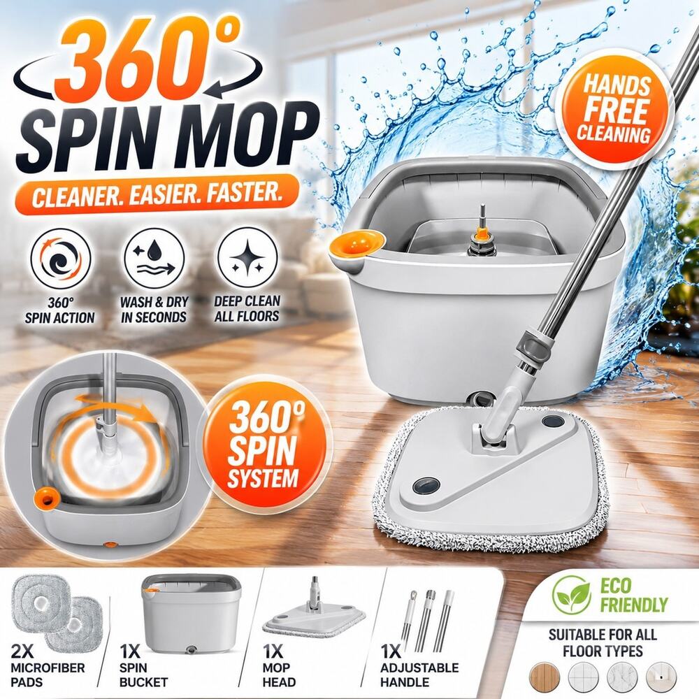 KZKR Spin Mop & Bucket System Includes Spin Mop Dual Compartment Mop Bucket Set